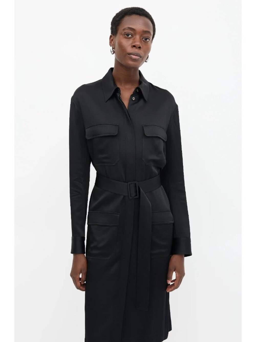 The Row Black Belted Button-Up Collared Shirt Dress, Size M